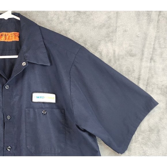 Red Kap Shirt Mens XLarge Blue Work Wear Nerd Power Patch Button up Short Sleeve - Picture 8 of 9